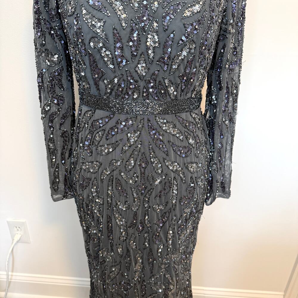 Mac Duggal 5124 Beaded Long Sleeve Evening Gown In Charcoal Size 8 New - Picture 4 of 16